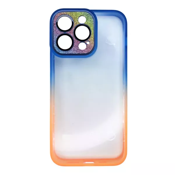 Funda Border Color Degrade Con Tapa Cámara Brillos IPhone 14 Pro Max Azul y Naranja