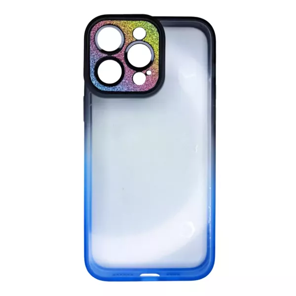Funda Border Color Degrade Con Tapa Cámara Brillos IPhone 14 Pro Max Negro y Azul