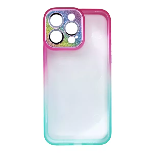 Funda Border Color Degrade Con Tapa Cámara Brillos IPhone 14 Pro Max Rosa y Verde Agua