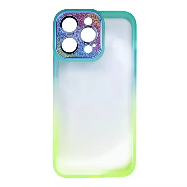 Funda Border Color Degrade Con Tapa Cámara Brillos IPhone 14 Pro Max Turquesa y Amarillo Fluor