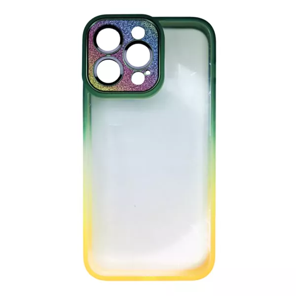 Funda Border Color Degrade Con Tapa Cámara Brillos IPhone 14 Pro Max Verde Oscuro y Amarillo