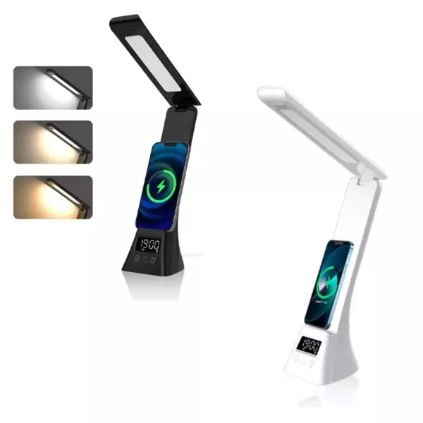 Lampara Led Para Escritorio Con Carga Inalambrica y Reloj MODS-048